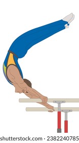 gymnast male gripping two parallel bars inverted body in an arch pose isolated on a white background