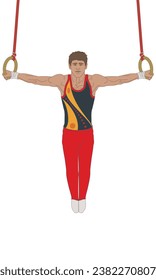 gymnast male suspended holding rings isolated on a white background