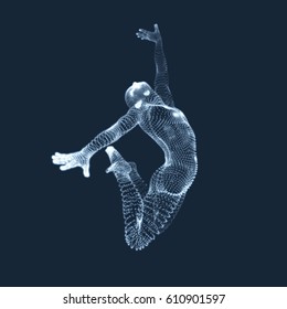 Gymnast. Man. 3D Human Body Model. Gymnastics Activities for Icon Health and Fitness Community. Vector Graphics Composed of Particles.