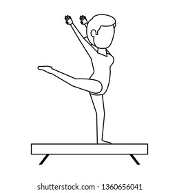 gymnast on balance barrier in black and white