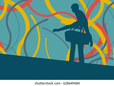 Gymnast on pommel horse abstract vector background with curved lines