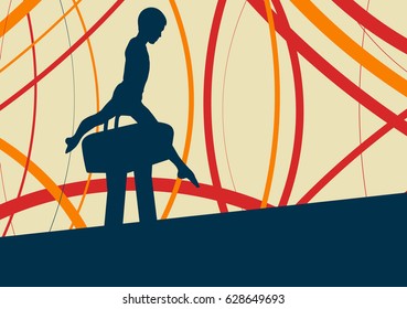 Gymnast on pommel horse abstract vector background with curved lines
