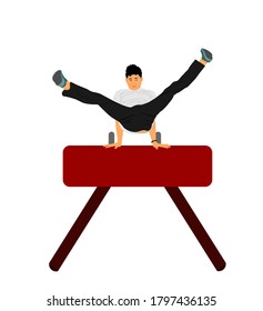 Gymnast on pommel horse vector illustration isolated on white background. Sport man artistic gymnastic performer. Athlete on gym equipment exercise. 