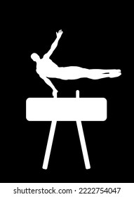 Gymnast on pommel horse vector silhouette illustration isolated on black background. Sport man artistic gymnastic performer. Athlete on gym equipment exercise. Acrobat artist with muscular body figure