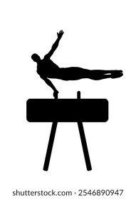 Gymnast on pommel horse vector silhouette illustration isolated on white background. Sport man artistic gymnastic performer. Athlete on gym equipment exercise. Acrobat artist with muscular body figure