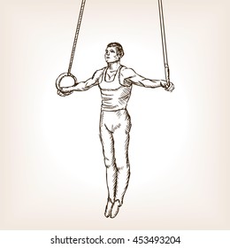 Gymnast on rings sketch style vector illustration. Old engraving imitation.