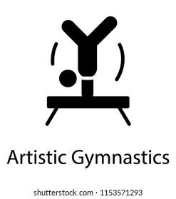 
Gymnast on a table proposing flexible poses offering artistic gymnastic icon 
