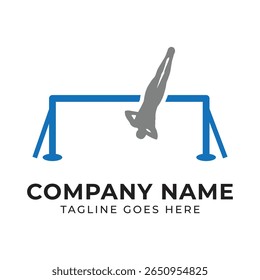 Ginasta no design de logotipo de barras desiguais com tipografia ousada, identidade de marca desportiva e profissional, movimento dinâmico