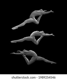 Gymnast performing an element of rhythmic gymnastics, jumping or making a jump in the air. Voxel art. 3D vector illustration for icon health and fitness community.