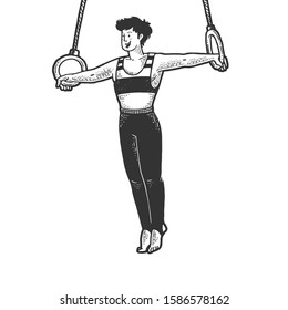 Gymnast Performing Iron Cross On Steady Rings Sketch Engraving Vector Illustration. T-shirt Apparel Print Design. Scratch Board Imitation. Black And White Hand Drawn Image.