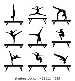 Gymnast performing moves, acrobatic poses, balance beam exercises.