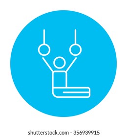 Gymnast performing on stationary rings line icon for web, mobile and infographics. Vector white icon on the light blue circle isolated on white background.