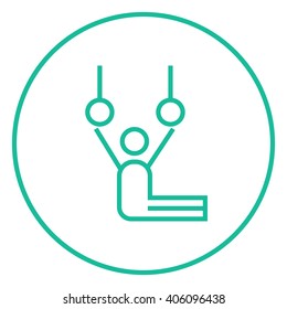 Gymnast performing on stationary rings line icon.
