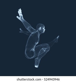 Gymnast performs an artistic element. Rhythmic gymnastics, acrobatics and aerobics. 3D Human Body Model. Vector Graphics Composed of Particles.