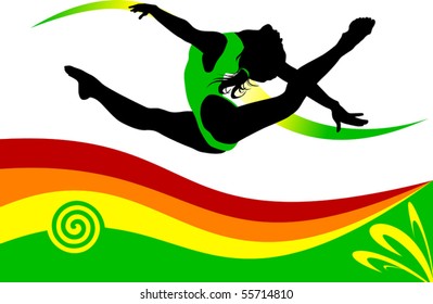 gymnast performs a complicated jump on the background of the rainbow;