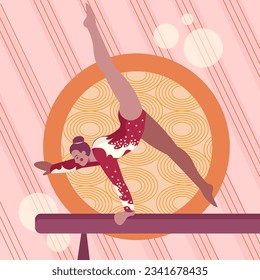 Gymnast performs exercise on competitions. Young human engaged in sport. Sporty and healthy lifestyle. Flat vector illustration in cartoon style in red colors