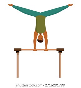 Gimnasta mostrando fuerza y equilibrio mientras realiza una parada de manos en barras paralelas, demostrando atletismo y control