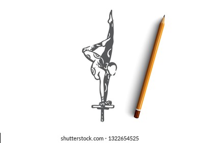 Gymnast, sport, skill, special, sport concept. Hand drawn gymnast woman doing exercise concept sketch. Isolated vector illustration.