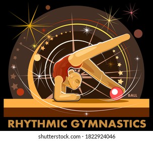 Gymnast. Sports symbol. Isolated vector illustrations on black. A woman performs in competitions. Rhythmic gymnastics logo with ball.