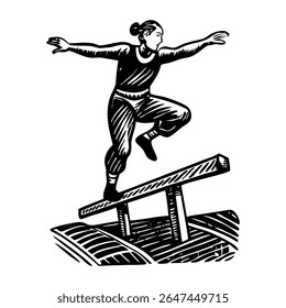 Ginasta de pé no feixe de equilíbrio, ilustração vintage