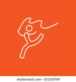 Gymnast with tape line icon for web, mobile and infographics. Vector white icon isolated on red background.