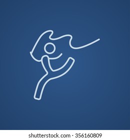 Gymnast with tape line icon for web, mobile and infographics. Vector light blue icon isolated on blue background.