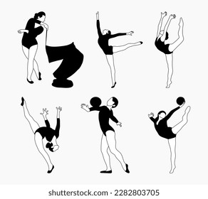 Gymnast team silhouettes set. Sport artistic gymnastics. Sports queen. Flat style. Isolated vector