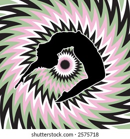A gymnast twisting on an abstract background in green an pink