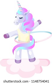 Gymnast unicorn on the clouds, sweet girl with a hoop.