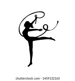 Gymnast woman lithe build with ribbon black silhouette on white background. Athlete female figure. Exercise. Sport activity. 