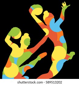 Gymnast women silhouettes with ball abstract detailed mosaic background illustration vector