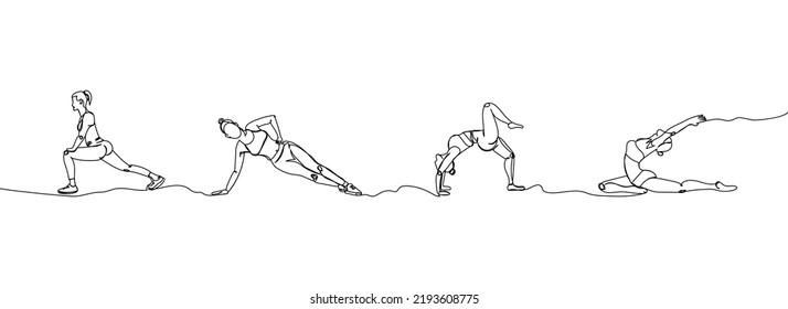 Gymnast, yoga, fitness people, training set one line art. Continuous line drawing sports, pilates, athletics, lunges, strength, athletic, woman, gym, stretching, half twine, side plank, workout.