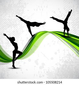 Gymnastic artistic girl on abstract background with green shiny wave.Vector illustration. EPS 10.