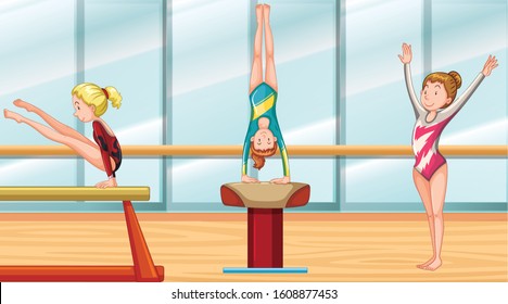 Gymnastic athletes practicing in the gym illustration