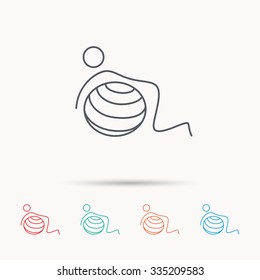 Gymnastic ball icon. Pilates fitness sign. Sport workout symbol. Linear icons on white background.