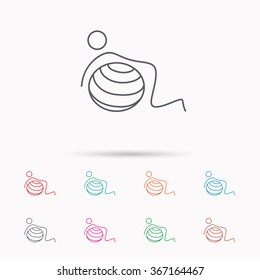 Gymnastic ball icon. Pilates fitness sign. Sport workout symbol. Linear icons on white background.