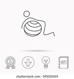 Gymnastic ball icon. Pilates fitness sign. Sport workout symbol. Download arrow, lamp, learn book and award medal icons.