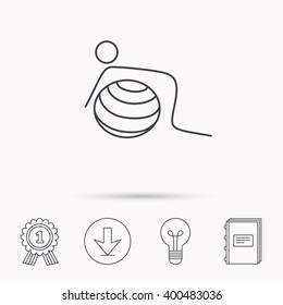 Gymnastic ball icon. Pilates fitness sign. Sport workout symbol. Download arrow, lamp, learn book and award medal icons.