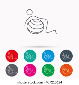 Gymnastic ball icon. Pilates fitness sign. Sport workout symbol. Linear icons in circles on white background.