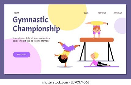 Gymnastic championship for kids web site template, flat cartoon vector illustration. Landing page layout for children sport competition with little gymnasts.