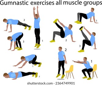 Gymnastic exercises for all muscle groups to strengthen the muscles of the back, abdomen, shoulder girdle of the arms and legs Vector