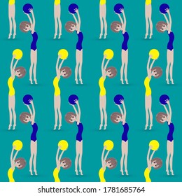 Gymnastic exercises with the ball. Seamless vector background illustration