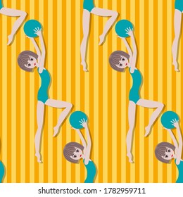 Gymnastic exercises with the ball. Seamless vector background illustration