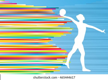 Gymnastic girl with ball abstract vector background colorful stripes illustration