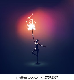 gymnastic girl holding a torch in the darkness could be used in olympic games and sports opportunities .