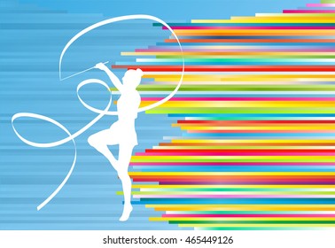 Gymnastic girl with ribbon abstract vector background colorful stripes illustration