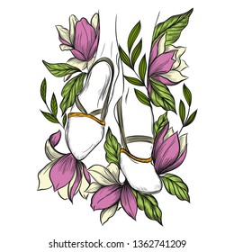 gymnastic half shoes in flowers, magnolias and leaves hand-drawn in retro style