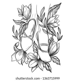gymnastic half shoes in flowers, magnolias and leaves hand-drawn in retro style
