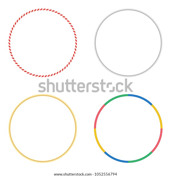 Gymnastic hoops. Set of vector illustrations\
isolated on white. Sports Hula Hoop for gymnastics. Concept of\
activity and healthy lifestyle. Colored plastic, gold and silver \
fitness equipment.