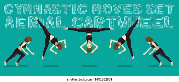 Gymnastic Moves Set Aerial Cartwheel Manga Cartoon Vector Illustration